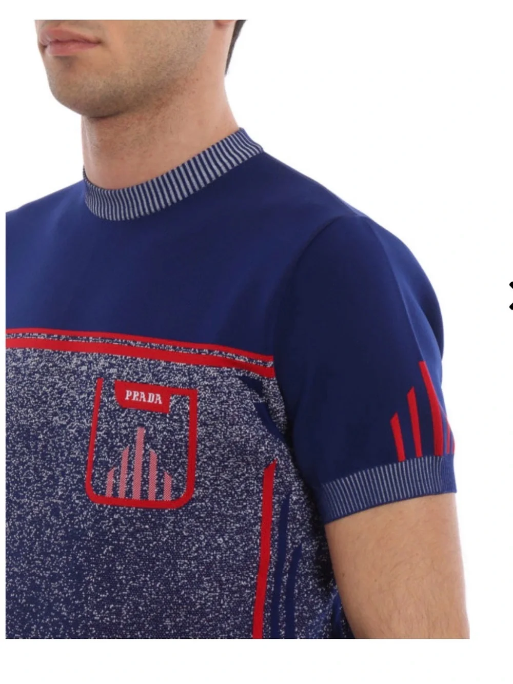 Prada Blue Short-Sleeve Crewneck Sweater with Red Trim